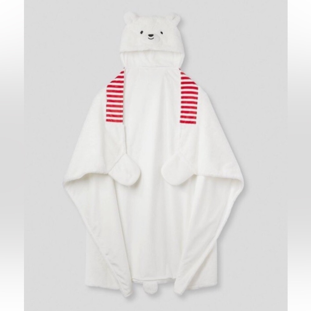 Cozy White Bear Hooded Wrap Blanket with Red Stripes NWOT